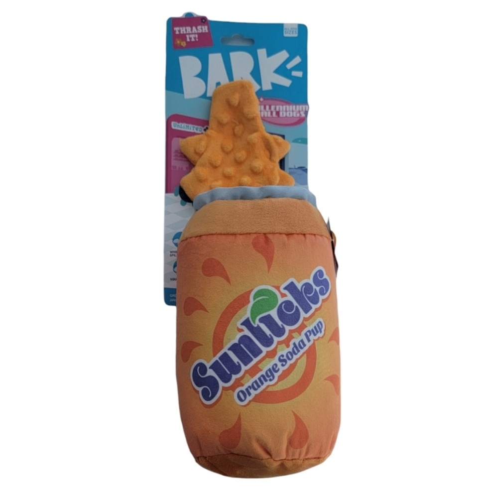 Bark Box " Super Size Sunlicks " Dog Toy Orange Soda Can Spilled - NEW!